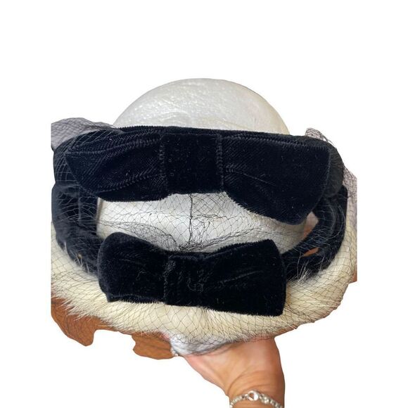 Velour black hat white mink trim and veil - Picture 5 of 6